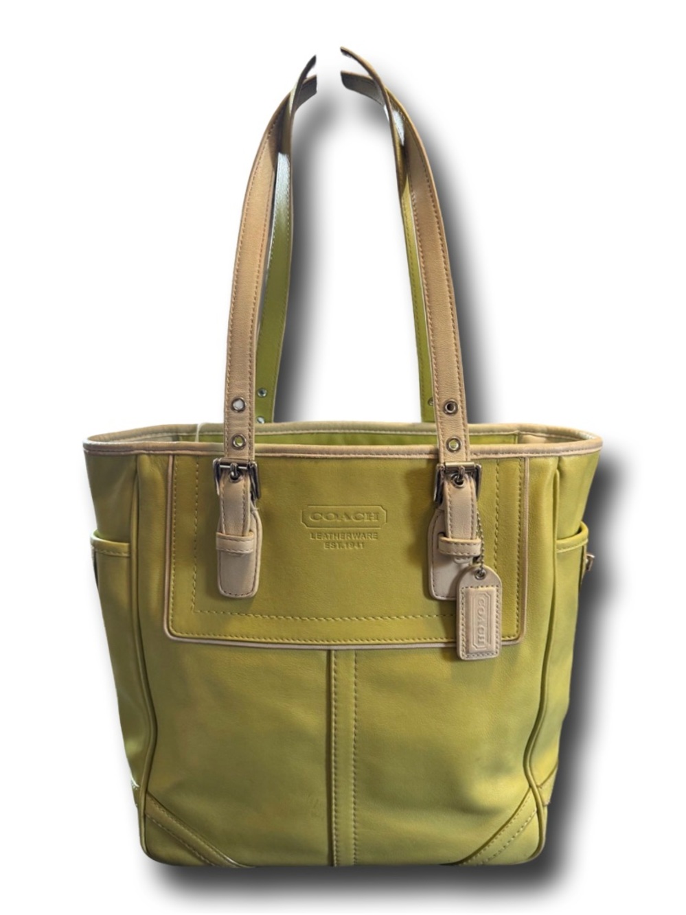 Vintage Coach Leather Tote Bag Lime Green & Ivory/tan Beautiful Two-Tone used